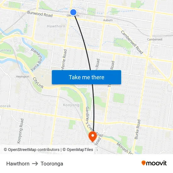 Hawthorn to Tooronga map