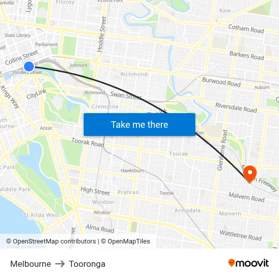 Melbourne to Tooronga map