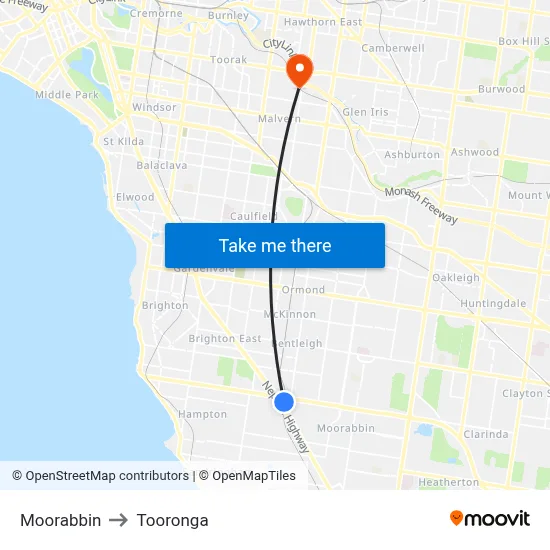 Moorabbin to Tooronga map