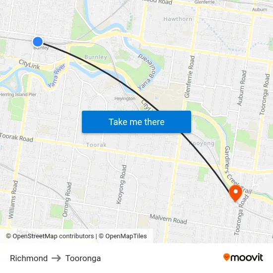 Richmond to Tooronga map