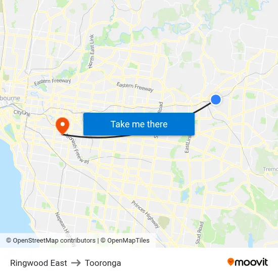 Ringwood East to Tooronga map