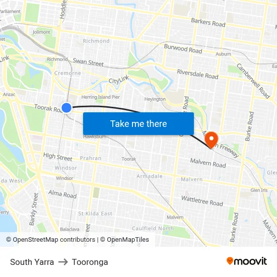 South Yarra to Tooronga map