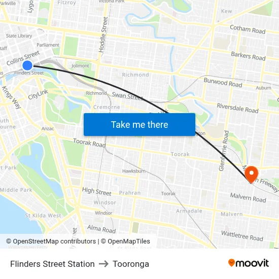 Flinders Street Station to Tooronga map