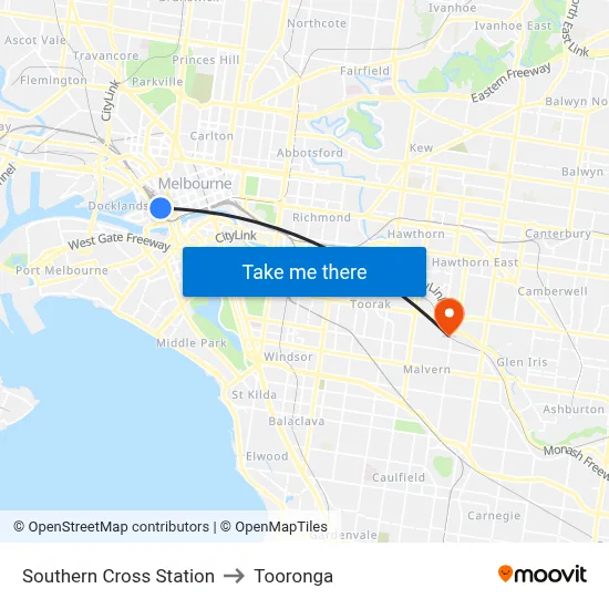 Southern Cross Station to Tooronga map