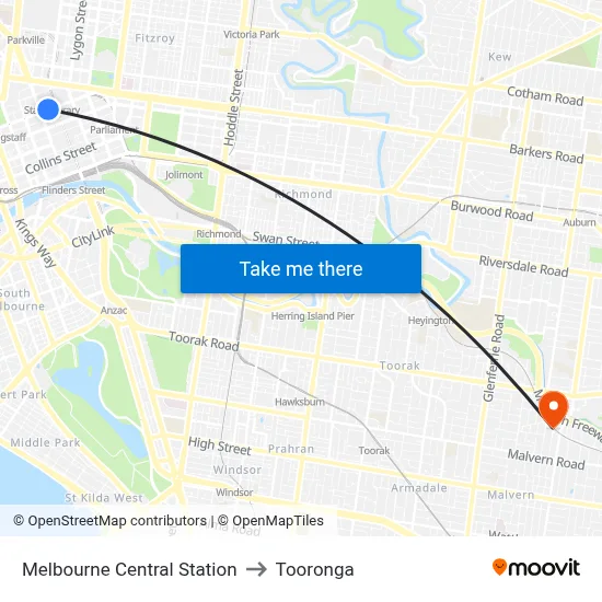 Melbourne Central Station to Tooronga map