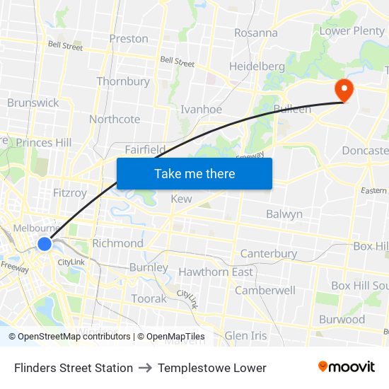 Flinders Street Station to Templestowe Lower map