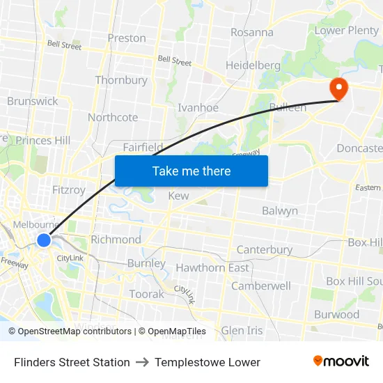 Flinders Street Station to Templestowe Lower map