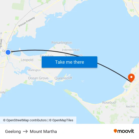 Geelong to Mount Martha map