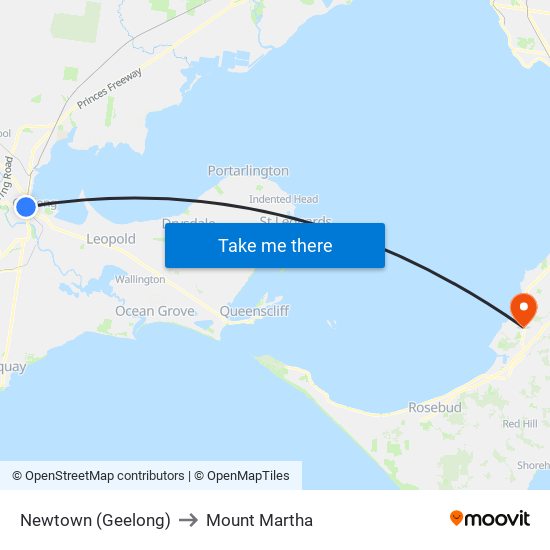 Newtown (Geelong) to Mount Martha map