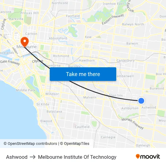 Ashwood to Melbourne Institute Of Technology map