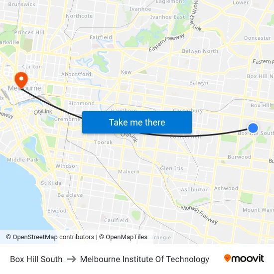 Box Hill South to Melbourne Institute Of Technology map