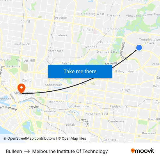Bulleen to Melbourne Institute Of Technology map