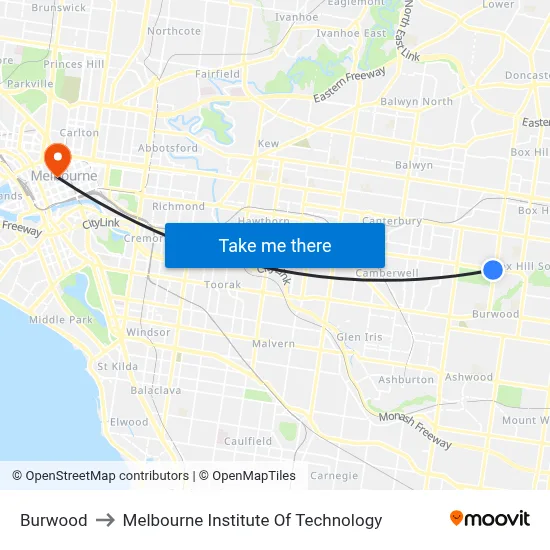 Burwood to Melbourne Institute Of Technology map