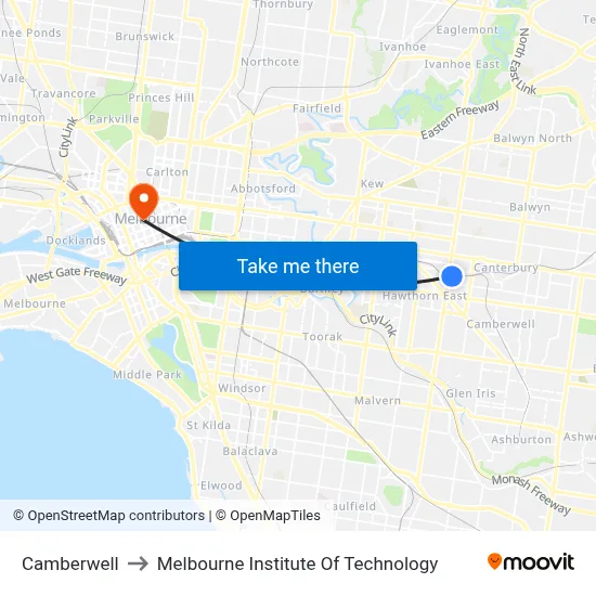 Camberwell to Melbourne Institute Of Technology map