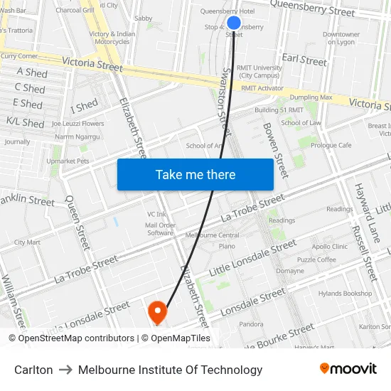 Carlton to Melbourne Institute Of Technology map