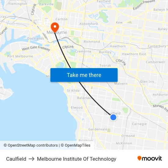 Caulfield to Melbourne Institute Of Technology map