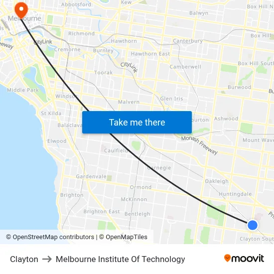 Clayton to Melbourne Institute Of Technology map