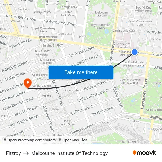 Fitzroy to Melbourne Institute Of Technology map