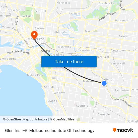 Glen Iris to Melbourne Institute Of Technology map