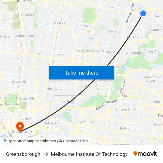 Greensborough to Melbourne Institute Of Technology map