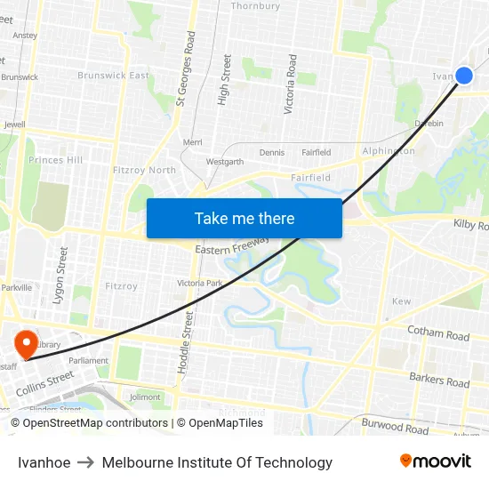 Ivanhoe to Melbourne Institute Of Technology map