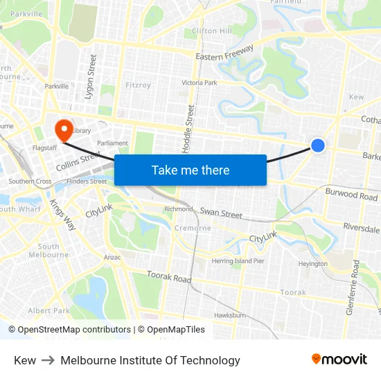 Kew to Melbourne Institute Of Technology map