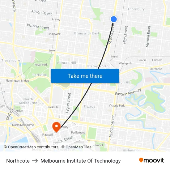 Northcote to Melbourne Institute Of Technology map