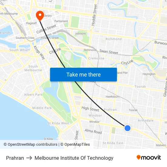Prahran to Melbourne Institute Of Technology map