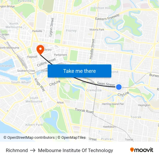 Richmond to Melbourne Institute Of Technology map