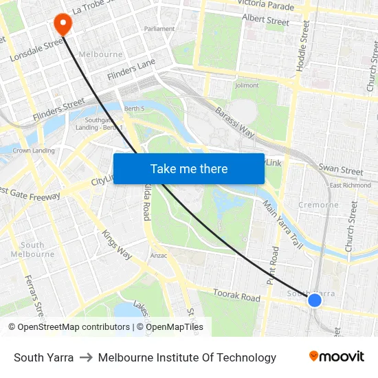 South Yarra to Melbourne Institute Of Technology map