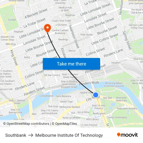 Southbank to Melbourne Institute Of Technology map