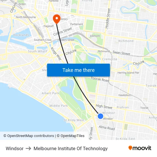 Windsor to Melbourne Institute Of Technology map