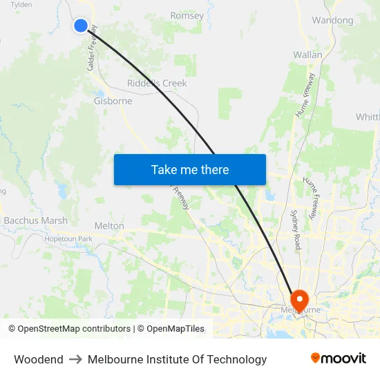 Woodend to Melbourne Institute Of Technology map