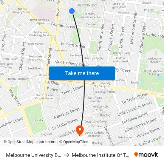 Melbourne University Bookshop to Melbourne Institute Of Technology map