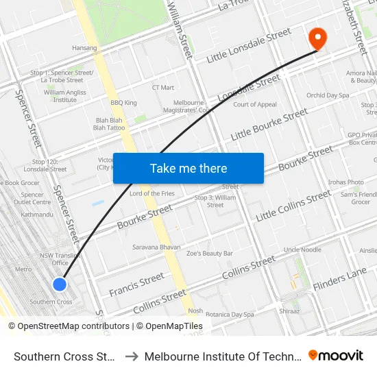 Southern Cross Station to Melbourne Institute Of Technology map