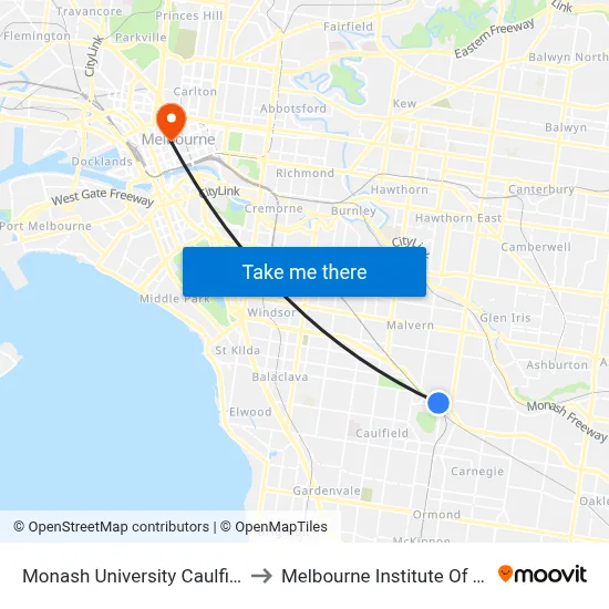 Monash University Caulfield campus to Melbourne Institute Of Technology map