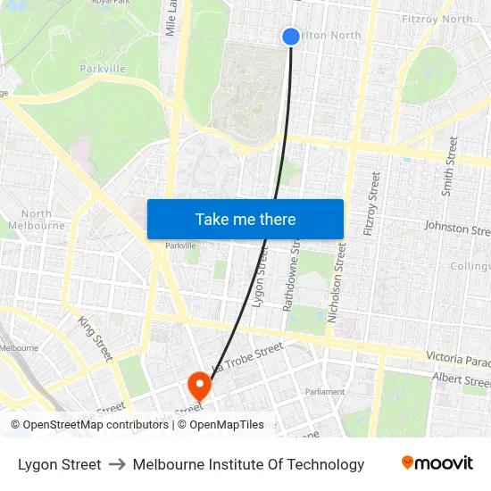 Lygon Street to Melbourne Institute Of Technology map