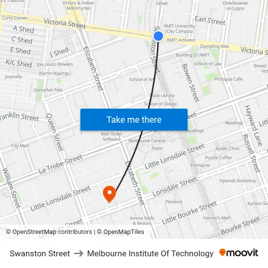 Swanston Street to Melbourne Institute Of Technology map