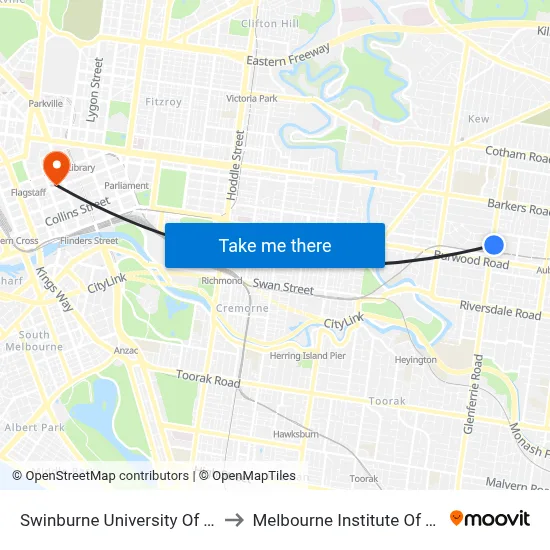 Swinburne University Of Technology to Melbourne Institute Of Technology map