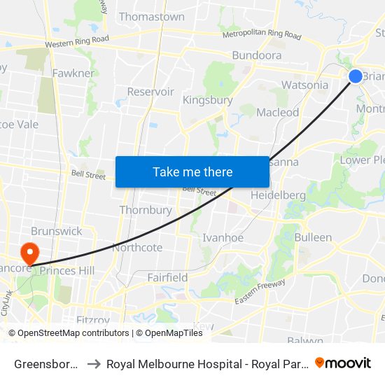 Greensborough to Royal Melbourne Hospital - Royal Park Campus map