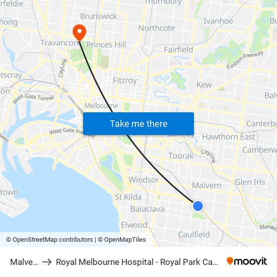 Malvern to Royal Melbourne Hospital - Royal Park Campus map