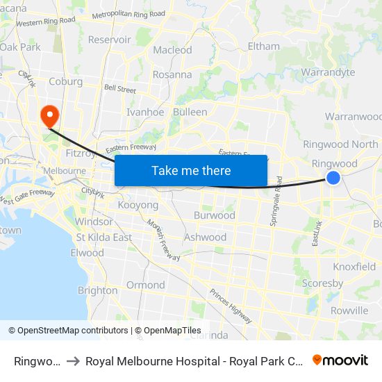 Ringwood to Royal Melbourne Hospital - Royal Park Campus map