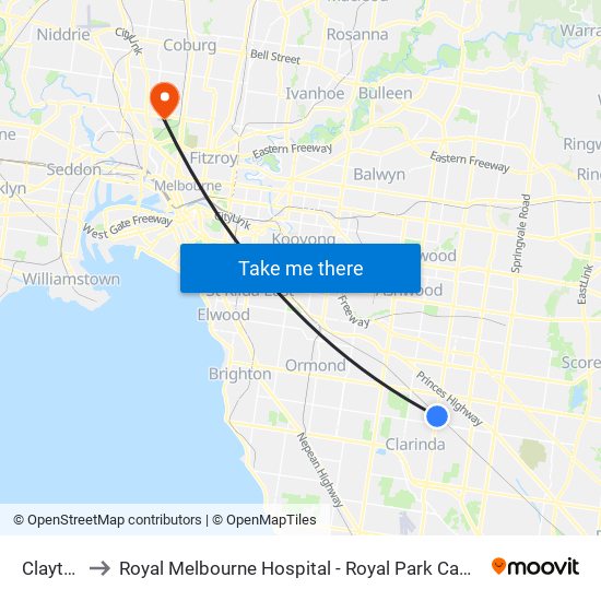 Clayton to Royal Melbourne Hospital - Royal Park Campus map