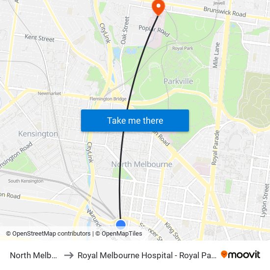 North Melbourne to Royal Melbourne Hospital - Royal Park Campus map