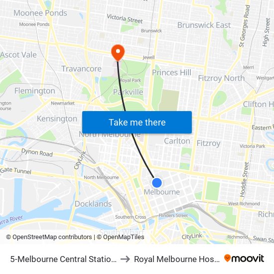5-Melbourne Central Station/Elizabeth St (Melbourne City) to Royal Melbourne Hospital - Royal Park Campus map