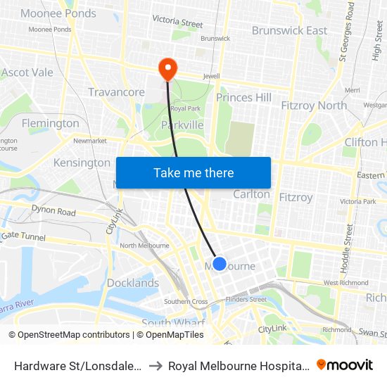 Hardware St/Lonsdale St (Melbourne City) to Royal Melbourne Hospital - Royal Park Campus map