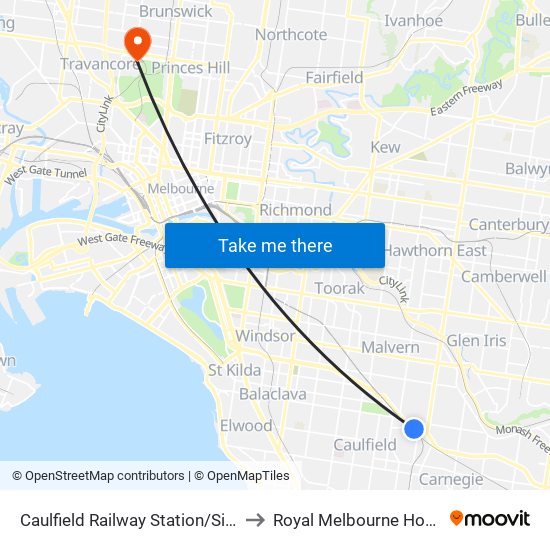 Caulfield Railway Station/Sir John Monash Dr (Caulfield East) to Royal Melbourne Hospital - Royal Park Campus map