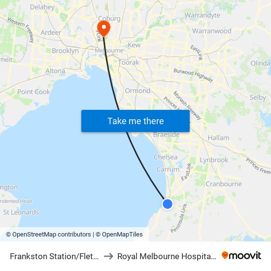 Frankston Station/Fletcher Rd (Frankston) to Royal Melbourne Hospital - Royal Park Campus map