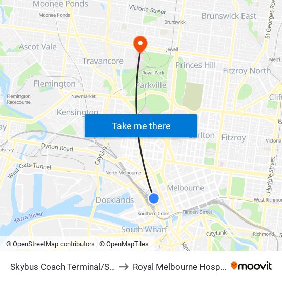 Skybus Coach Terminal/Spencer St (Melbourne City) to Royal Melbourne Hospital - Royal Park Campus map