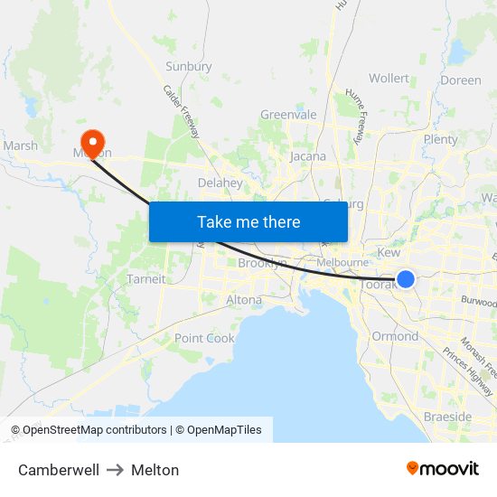 Camberwell to Melton map